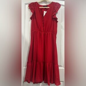 Banana Republic Red Midi Dress With Micro Polka Dots and Flutter Sleeves Size 8